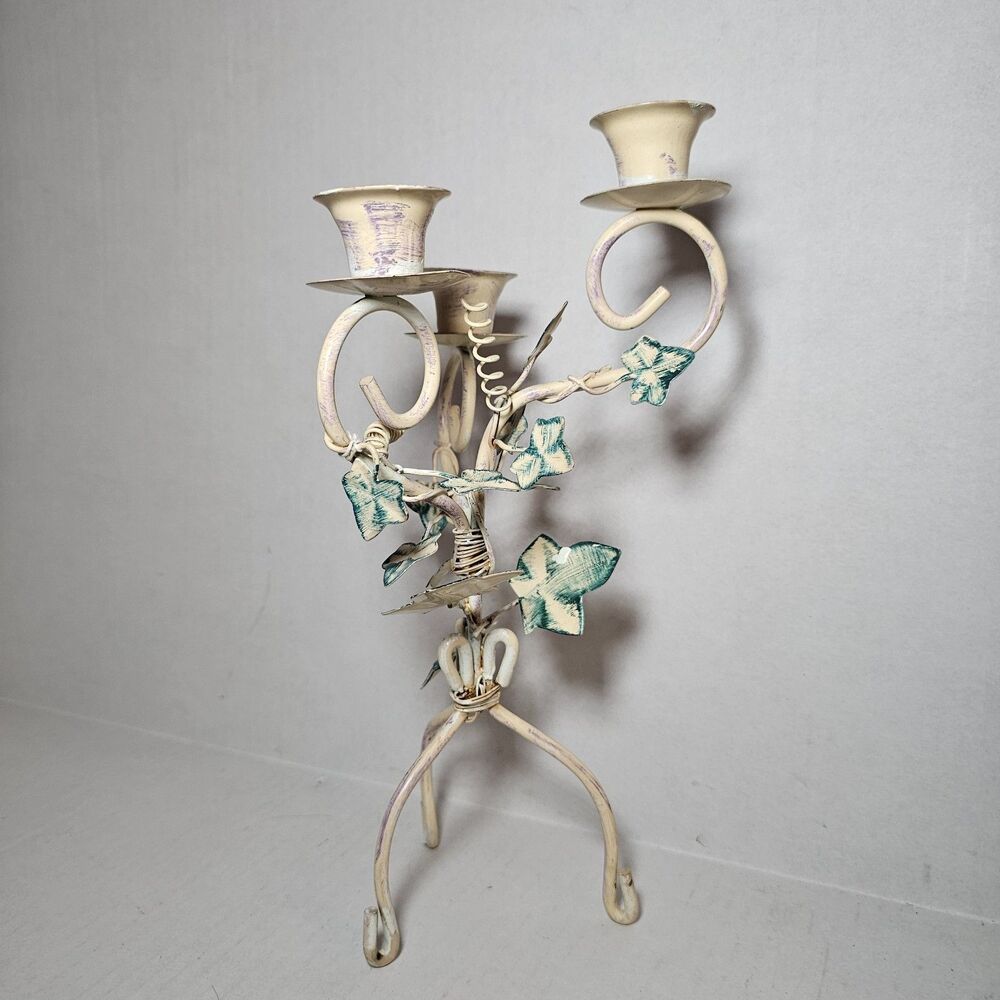 Vintage Metal Italian Tole Ware Ivy 3 Taper Candle Holder Off White
